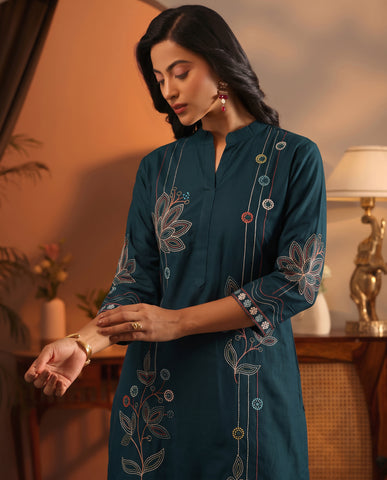 Navy Blue Embroidered Cotton A-Line Kurta Set for Women with Dupatta