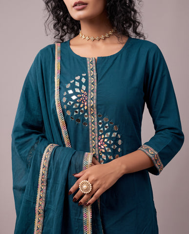 Women's Blue Embroidered Kurta Set with Mirror Work