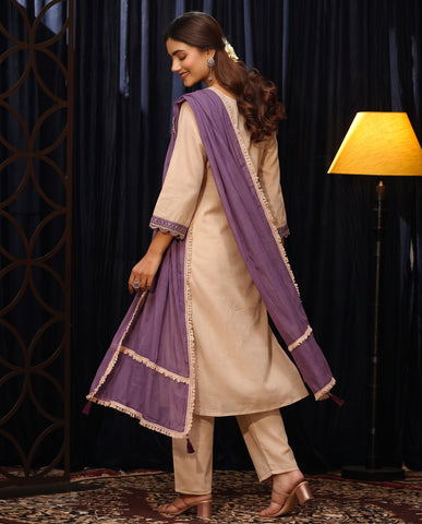 Cream Embroidered Cotton A-Line Suit Set for Women with Purple Dupatta