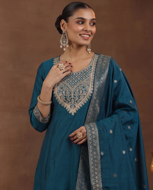 Women's Ethnic Teal Embroidered Kurta Suit Set With Dupatta