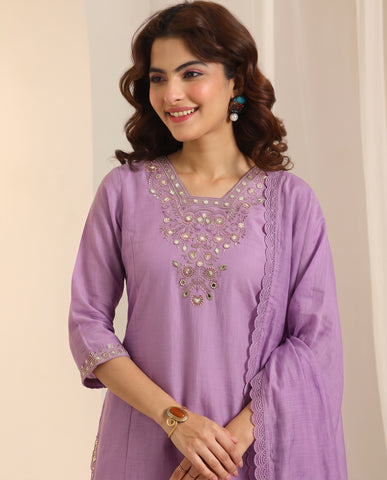 Purple Embroidered Cotton A-Line Kurta Set for Women with Dupatta