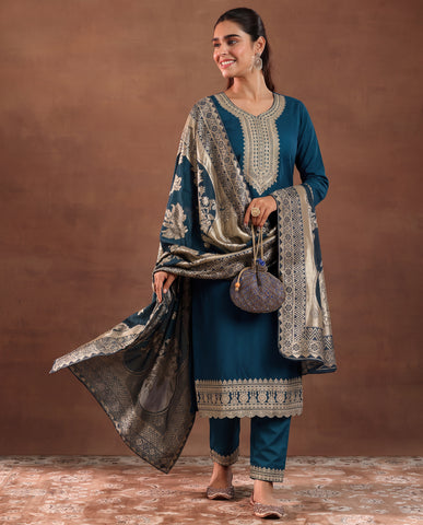 Women's Festive Teal Embroidered Kurta Suit Set with Dupatta