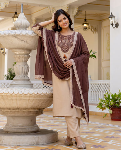 Beige Straight Kurta Set with Brown Peacock Embroidery & Lace-Border Dupatta