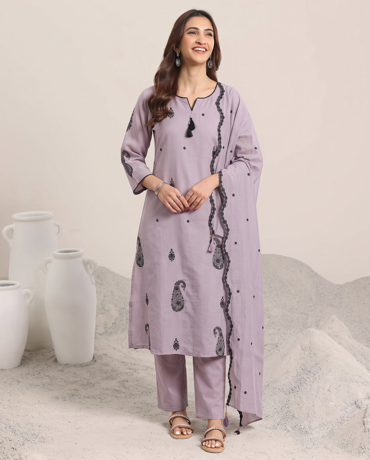 Violet Embroidered Cotton A-Line Suit Set for Women with Dupatta