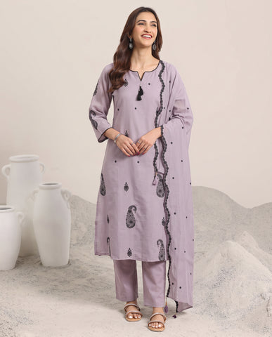 Violet Embroidered Cotton A-Line Suit Set for Women with Dupatta