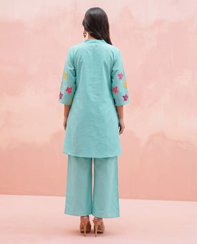 Sea Green Leaf Embroidered Cotton Kurta Palazzo Set for Women
