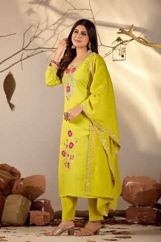 Lime Green Embroidered Straight Kurta Set with Scalloped Dupatta