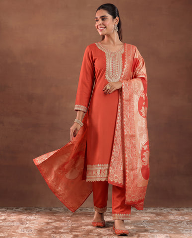 Women's Orange Embroidered Kurta Set with Banarasi Dupatta