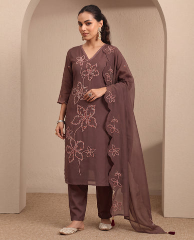 Women's V-Neck Embroidered Kurta with Pants & Dupatta