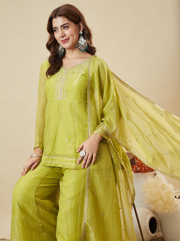 Neon Embroidered Peplum Top with Sharara Set For Women