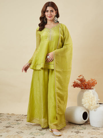 Neon Embroidered Peplum Top with Sharara Set For Women