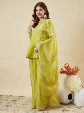 Neon Embroidered Peplum Top with Sharara Set For Women