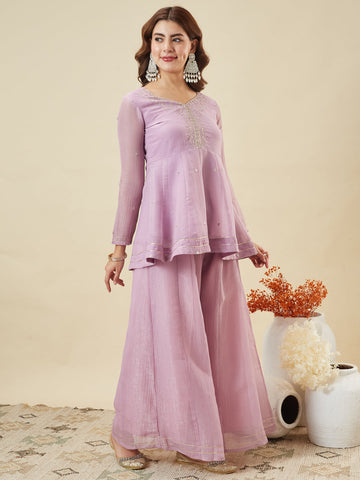 Lavender Embroidered Peplum Top with Sharara Set