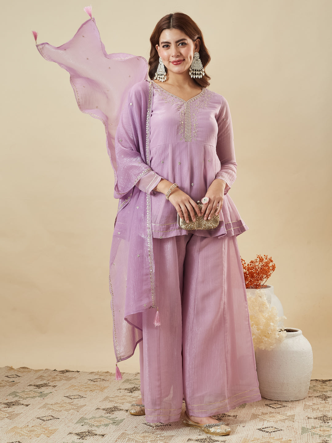 Lavender Embroidered Peplum Top with Sharara Set