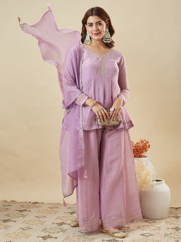 Lavender Embroidered Peplum Top with Sharara Set