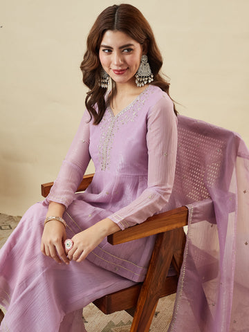 Lavender Embroidered Peplum Top with Sharara Set