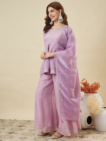 Lavender Embroidered Peplum Top with Sharara Set