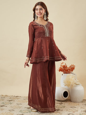 Coffee Embroidered Peplum Top with Sharara Set