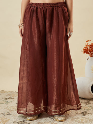 Coffee Embroidered Peplum Top with Sharara Set