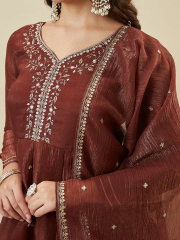 Coffee Embroidered Peplum Top with Sharara Set