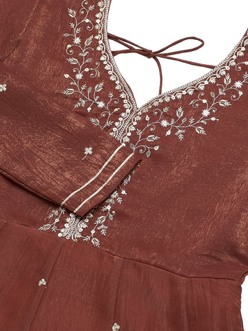 Coffee Embroidered Peplum Top with Sharara Set