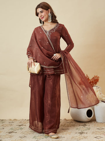 Coffee Embroidered Peplum Top with Sharara Set