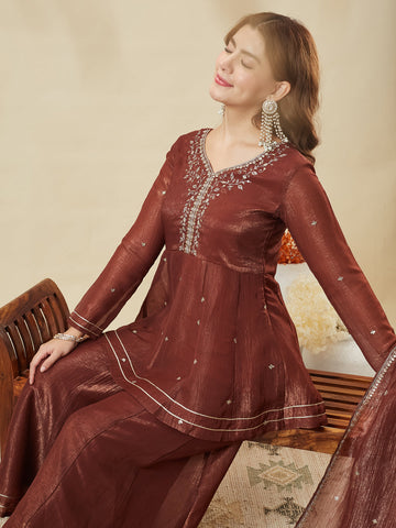Coffee Embroidered Peplum Top with Sharara Set