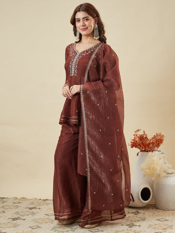 Coffee Embroidered Peplum Top with Sharara Set