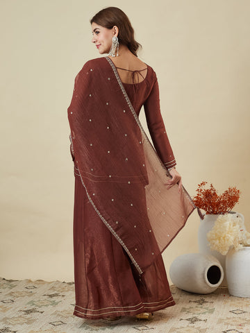 Coffee Embroidered Peplum Top with Sharara Set