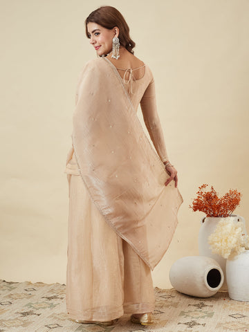 Off White Embroidered Peplum Top with Sharara Set
