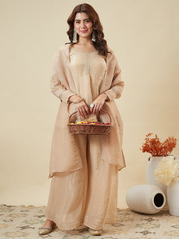 Off White Embroidered Peplum Top with Sharara Set