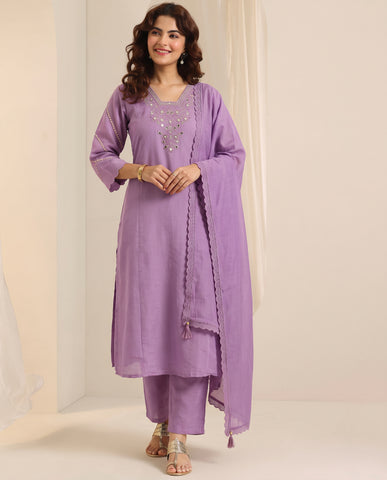 Purple Embroidered Cotton A-Line Kurta Set for Women with Dupatta