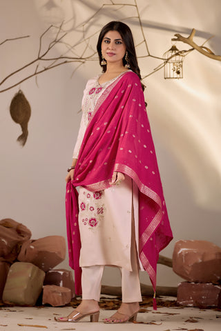 Blush Peach Embroidered Kurta Set with Rani Pink Woven Dupatta