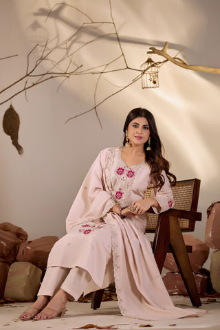 Blush Pink Straight Kurta Set with Magenta Floral Embroidery & Sequin Dupatta