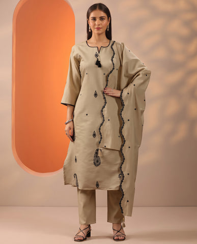 Cream Embroidered Cotton A-Line Suit Set for Women with Dupatta