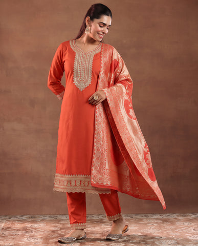 Women's Orange Embroidered Kurta Set with Banarasi Dupatta