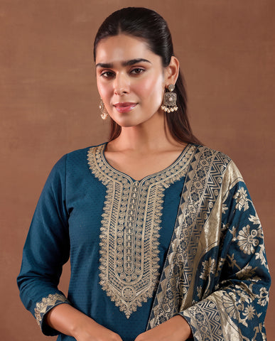 Women's Festive Teal Embroidered Kurta Suit Set with Dupatta