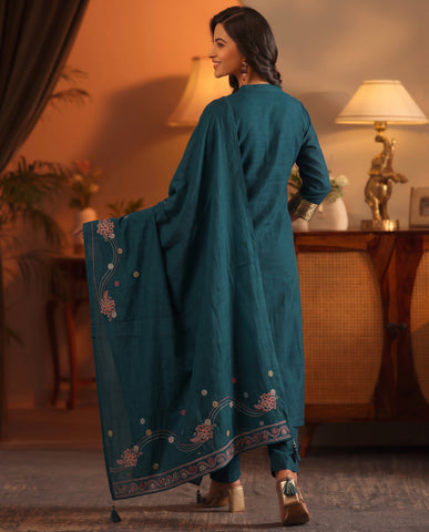 Navy Blue Embroidered Cotton A-Line Kurta Set for Women with Dupatta
