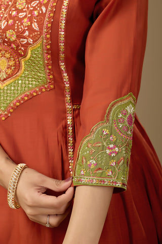 Rust Orange Cotton A-Line Kurta Set for Women with Dupatta