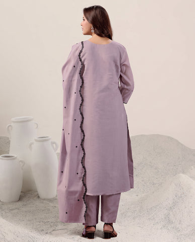 Violet Embroidered Cotton A-Line Suit Set for Women with Dupatta