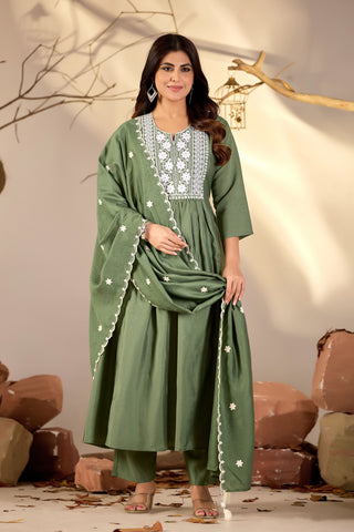 Olive Green Flared Anarkali Suit with White Embroidered Yoke