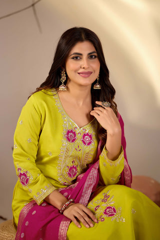 Lime Green Embroidered Kurta Set with Rani Pink Banarasi Dupatta
