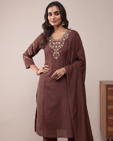 Brown Embroidered Cotton A-Line Kurta Set with Dupatta