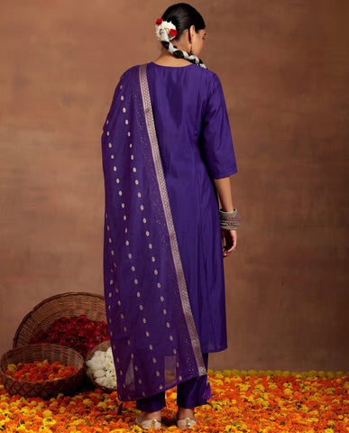 Women's Purple Embroidered Work Kurta Suit Set with Dupatta