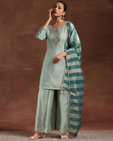 Sky Blue Embroidery Neck Work Short Kurta Suit Set With Dupatta
