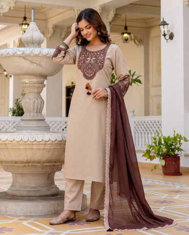 Beige Straight Kurta Set with Brown Peacock Embroidery & Lace-Border Dupatta