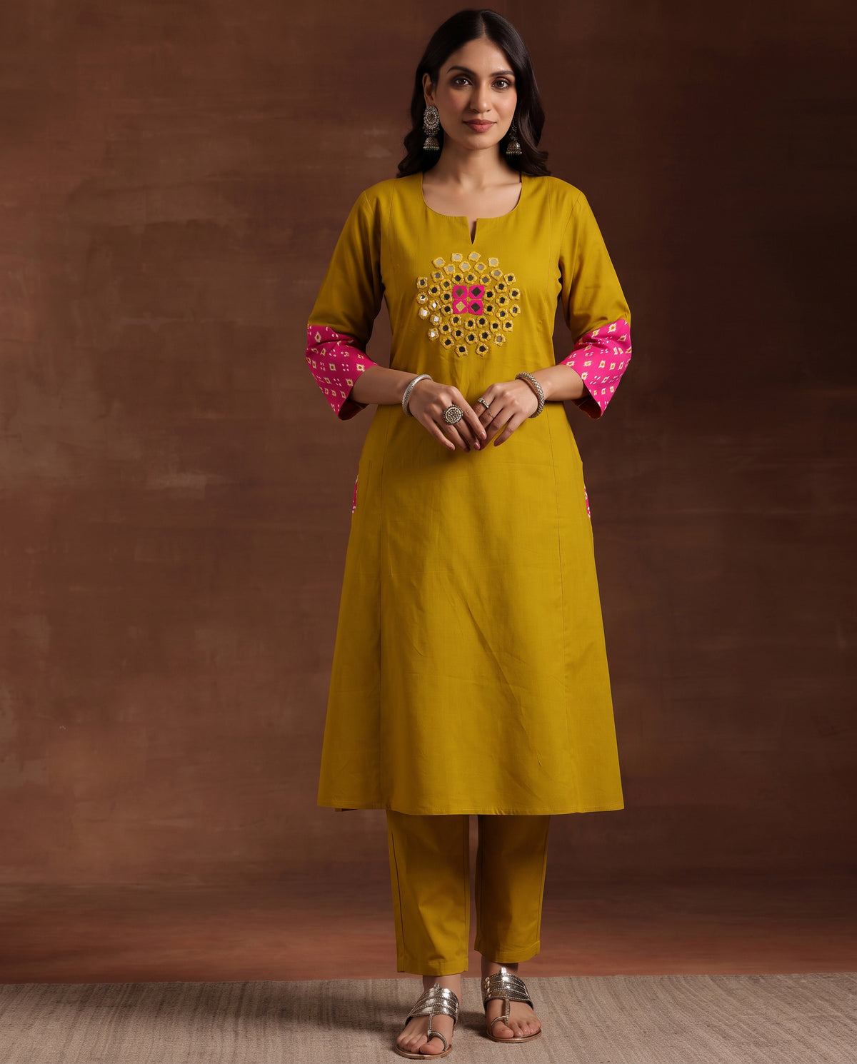 Women's Mustard Yellow Kurta Pant Set with Mirror Work