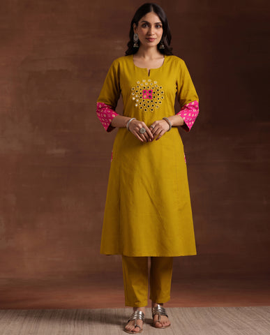 Women's Mustard Yellow Kurta Pant Set with Mirror Work