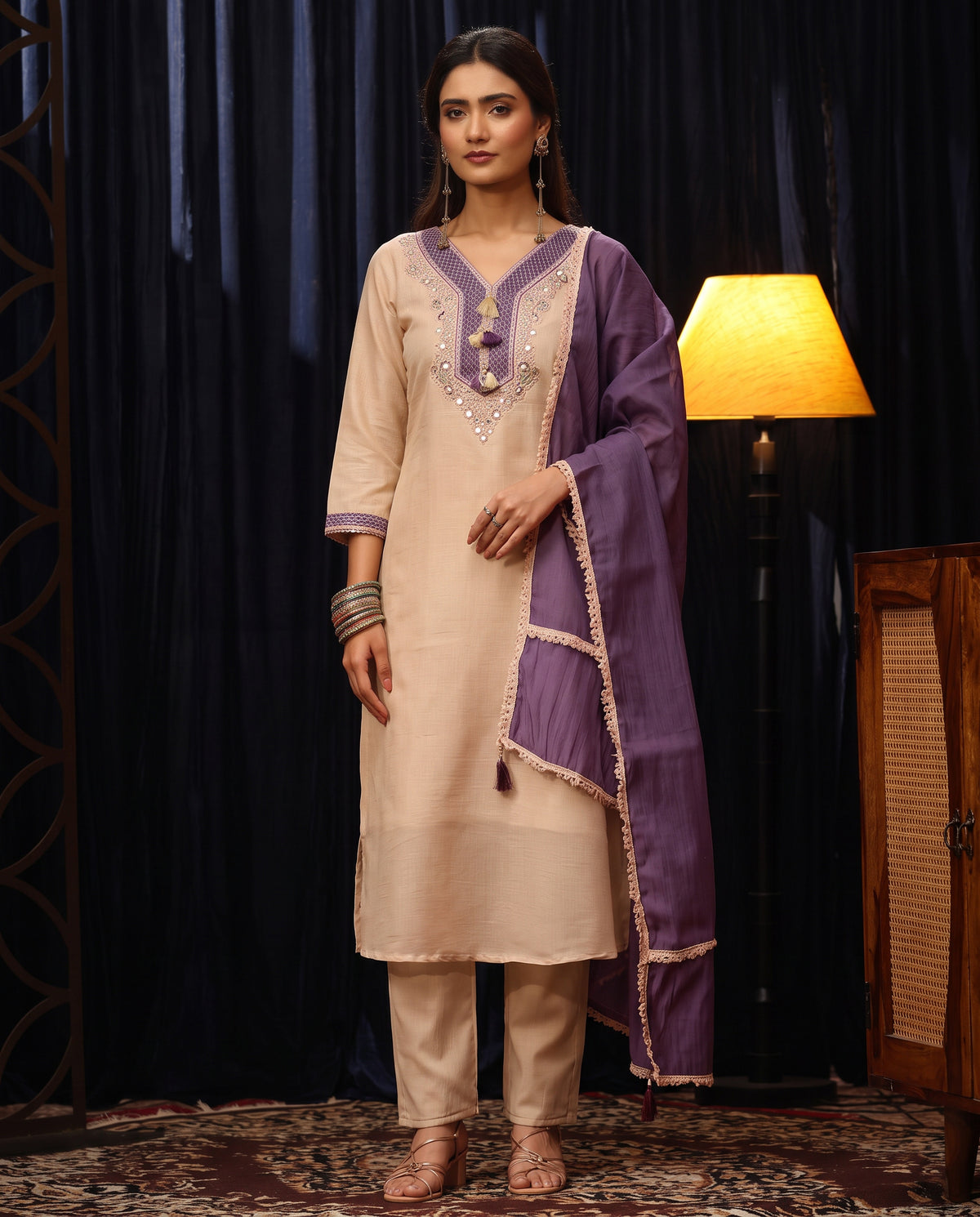 Cream Embroidered Cotton A-Line Suit Set for Women with Purple Dupatta