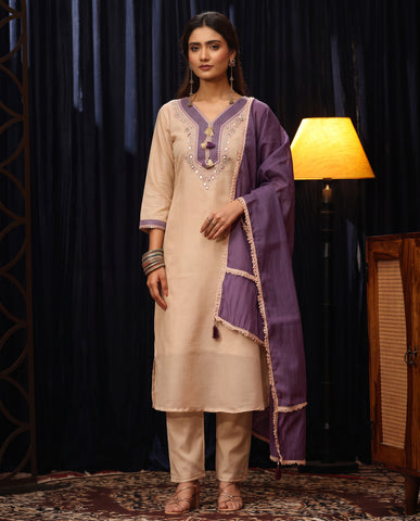Cream Embroidered Cotton A-Line Suit Set for Women with Purple Dupatta